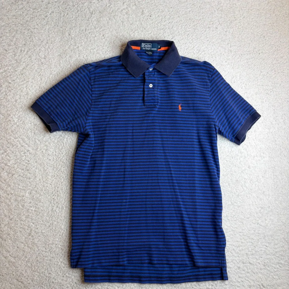 Polo Ralph Lauren Striped Polo Shirt Mens Medium Blue Navy Orange Pony Logo